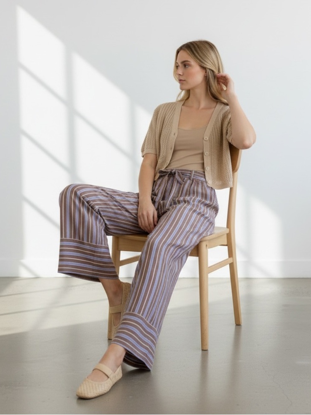 NWT Striped Wide-Leg Drawstring Cotton Pants in Taupe, brown and blue - Picture 2 of 3